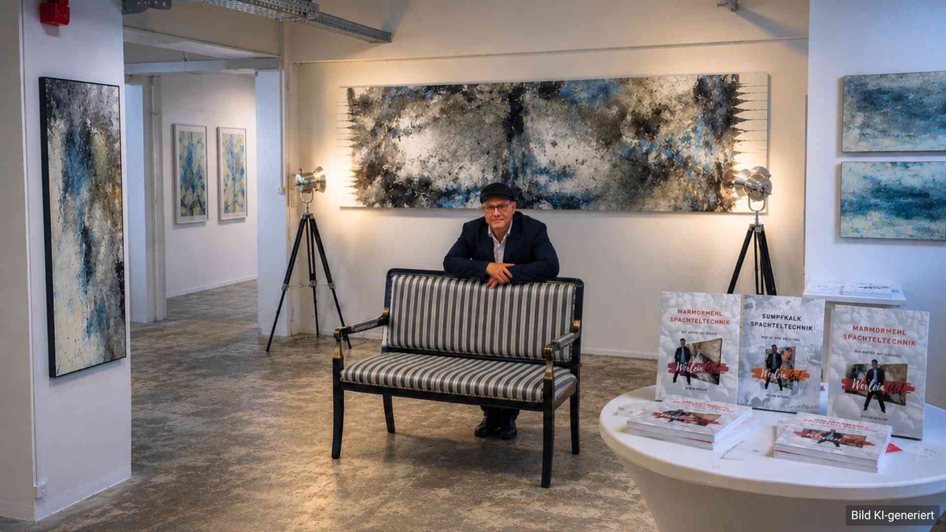 Galerie mit abstrakten Bildern Lichtdurchflutete Galerie mit abstrakten Bildern und Kunstbüchern